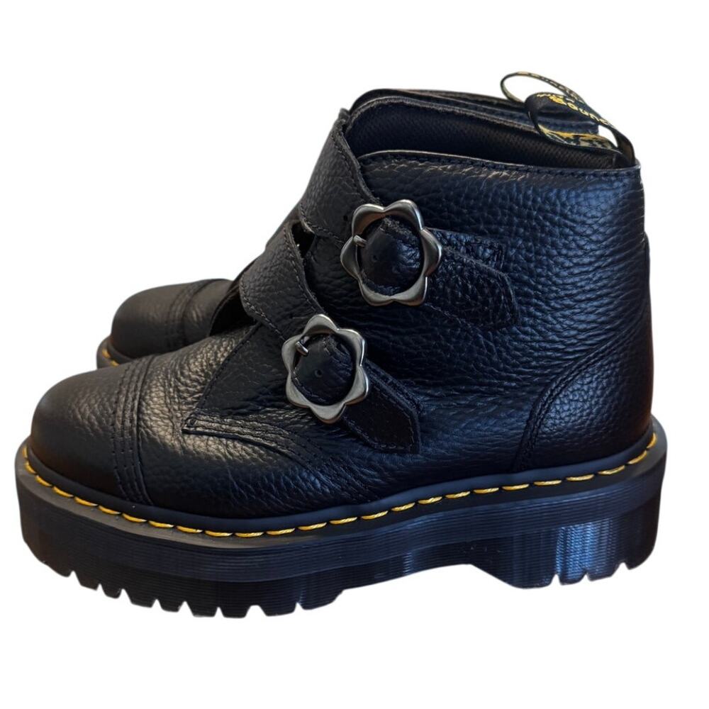 Dr. Martens Devon Flower Buckle Platform Boots Black Pebbled Leather Size 7